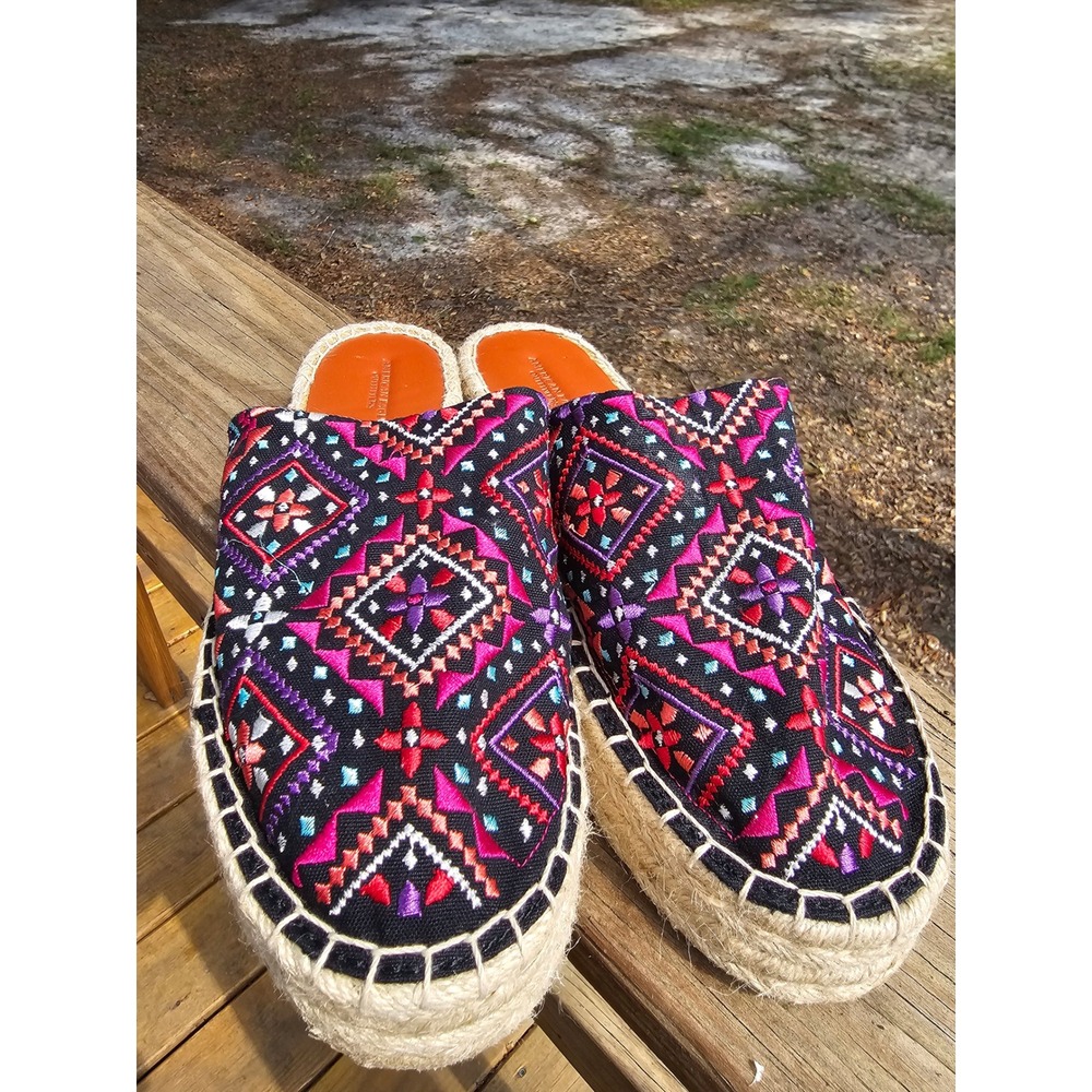 American Eagle Embroidered Espadrille Mules Blk Pink Geometric Platform Slides 8